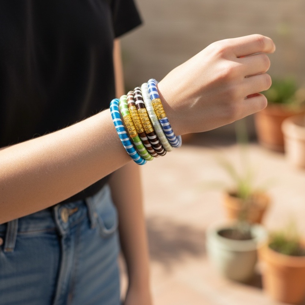 Stacked Multicolor Striped Beaded Bracelets - Blue, Green, Brown & Gold - Picture 1 of 5